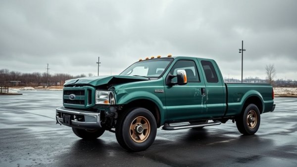 Severely damaged green pickup truck in an empty lot for community support crowdfunding.