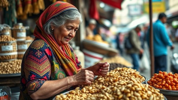 Older woman selling nuts at Hyderabad's traditional food market.