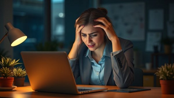 Stressed woman in office at night, symbolizing the myth of leadership.