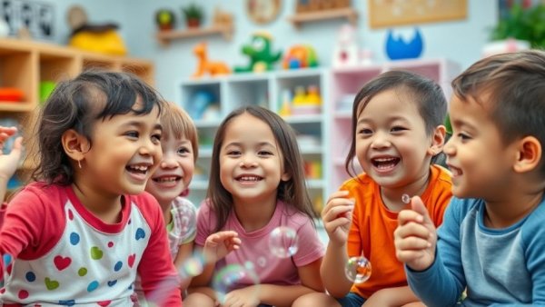 Joyful children playing with bubbles at on-site daycare