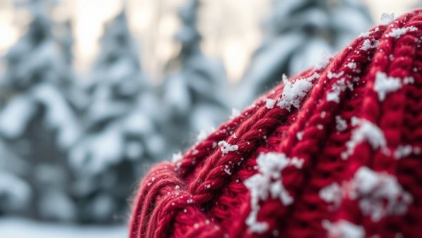 Close-up of a cozy red knitted hat with snowy background