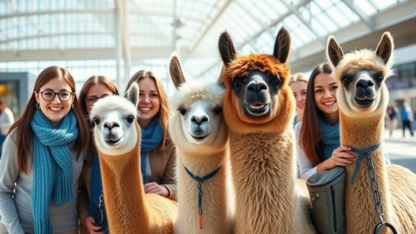 Airport Therapy Alpacas with joyful staff outdoors at PDX airport.