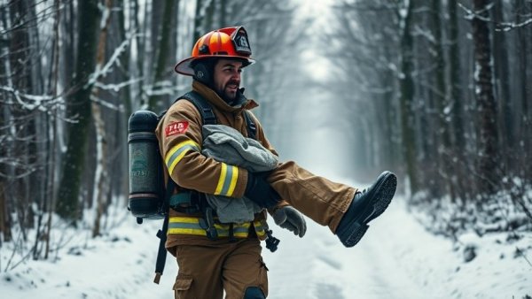Fort Worth Firefighters Community Service: firefighter assisting person on snowy path.