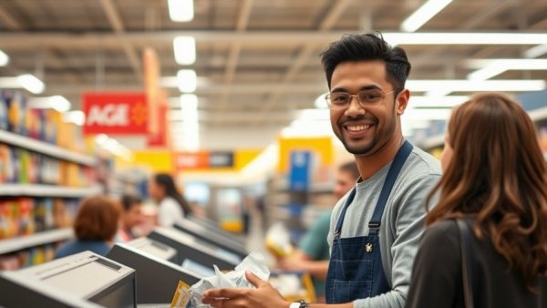 Teen helps elderly woman at Walmart checkout, smiling employee.