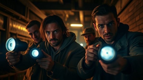 Dynamic and intense scene with alert figures.