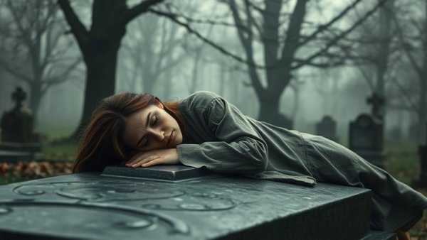 Woman in worn clothing peacefully asleep on husband's grave, misty cemetery.