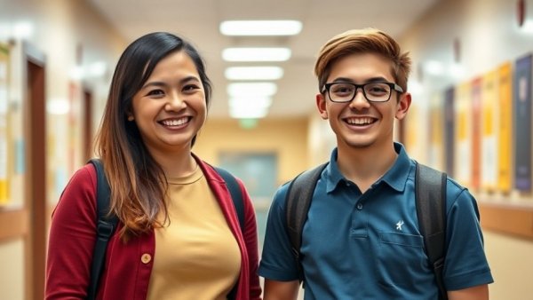 Teacher saves choking student, smiling together in school hallway.