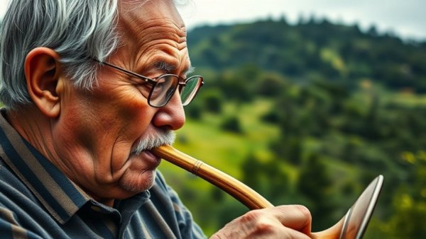 Elderly man playing horn outdoors, lush scenery