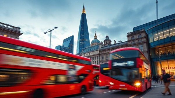 Dynamic cityscape with blurred buses in London; crime rates plummet in England.