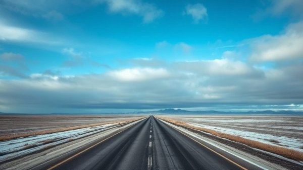 Remote highway road highlighting black ice awareness under cloudy sky.