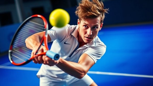 Dynamic action shot of tennis player in motion on vibrant blue court.