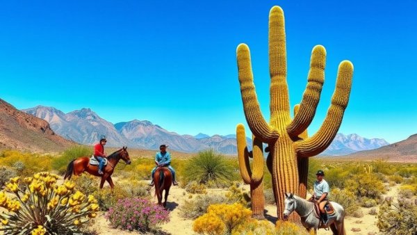 Crested saguaro cactus with riders and desert background.