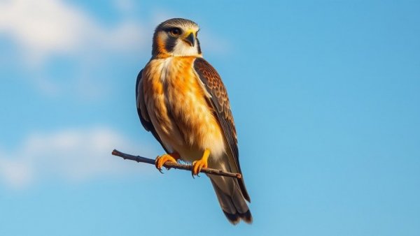 A Kestrel falcon perched with colorful plumage against a blue sky.