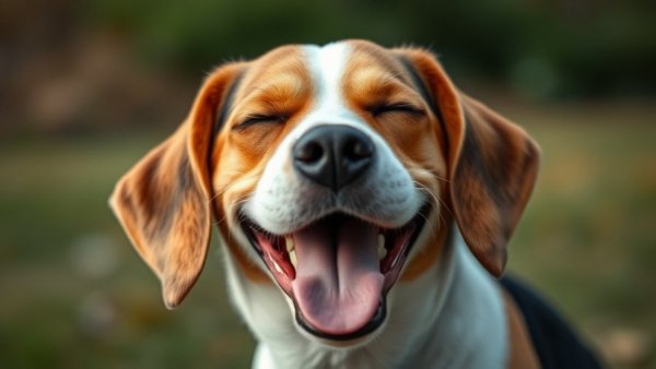 Smiling beagle rescued from euthanasia enjoying outdoors.