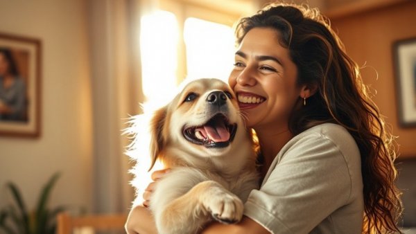 Joyful woman with dog indoors, showing stress reduction benefits.