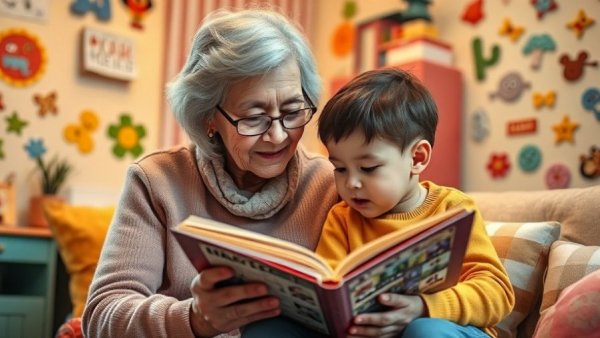 Grandparent reading to toddler highlighting caregiving benefits for cognitive health.
