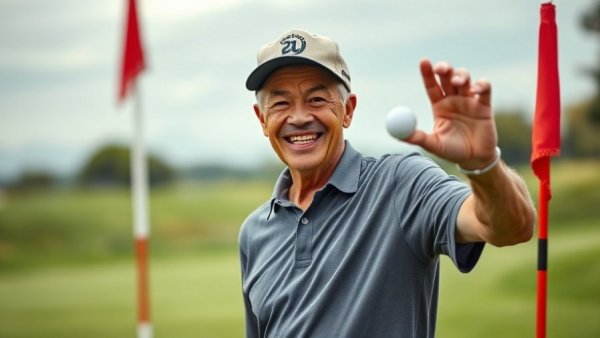 Proud one-armed golfer celebrating a hole-in-one on a golf course.