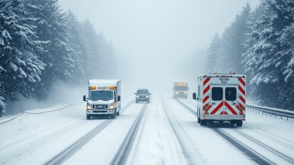 Snowplow escorts ambulance on snowy highway during snowstorm.
