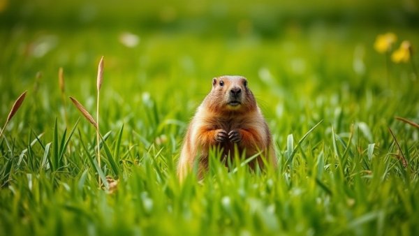 Groundhog in meadow illustrating groundhogs impact on ecosystems.