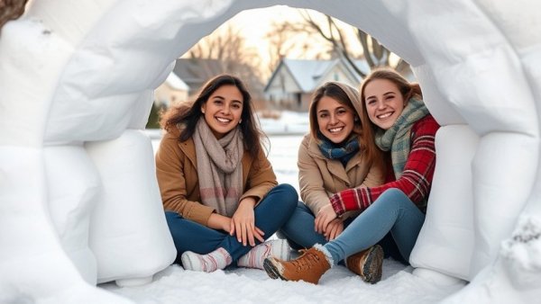 Young women in igloo demonstrating community impact project.