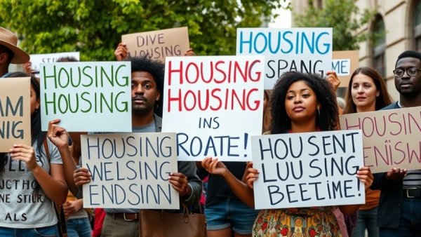 Protesters demonstrating about housing rights, vibrant and determined.