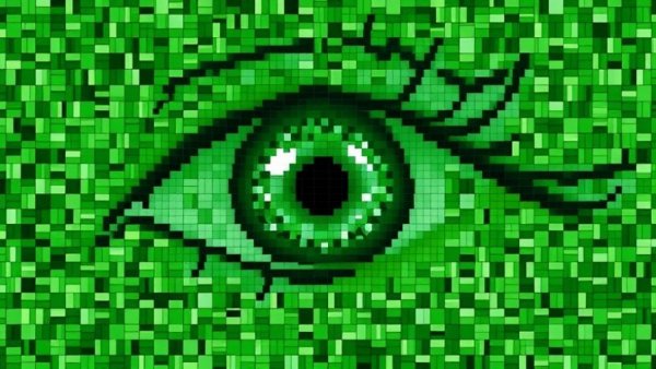 World's largest living photograph, a mosaic of green rectangles forming an abstract eye.