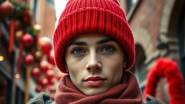 Person with red beanie amidst festive urban decorations for Melt the ICE hats fundraising.