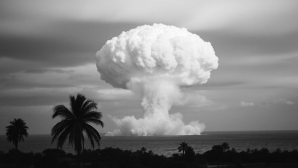 Historical nuclear explosion with mushroom cloud over ocean, longest period without nuclear detonation.