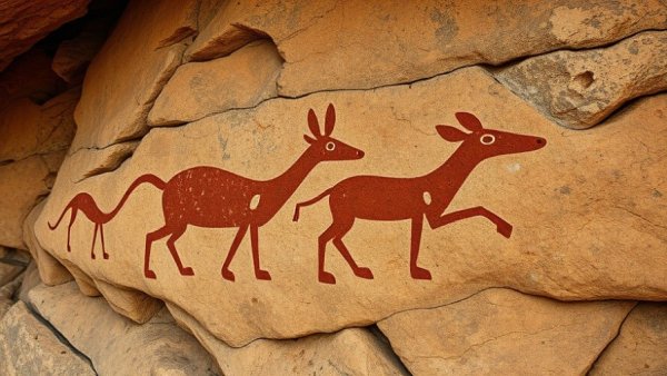 Ancient ochre rock art with digital annotation on stone surface.