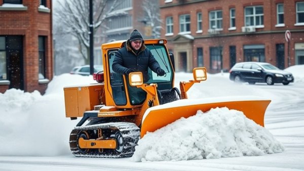 Community service snowplow clearing snowy road.