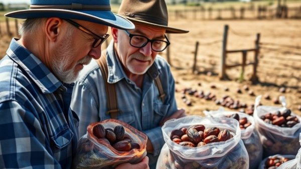 Farmers examining date fruits, learning farm profitability lessons