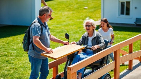 Volunteers building free ramps for disabled neighbors, enhancing accessibility.