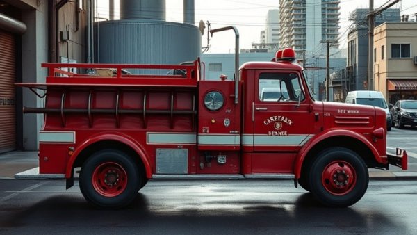Local business owner helps during winter weather with vintage fire truck in urban setting.
