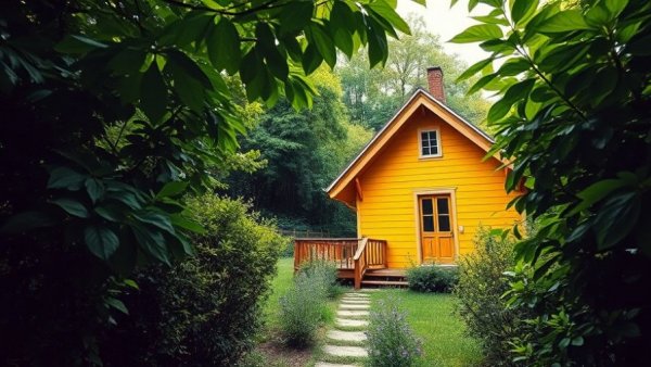 Charming yellow house hidden among Mumbai's lush greenery.