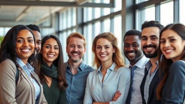 Decency in leadership depicted by diverse professionals smiling in an office.