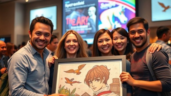 Group presenting artwork at Florida Panthers fundraiser event indoors.