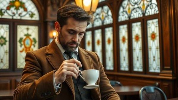 Cozy cafe scene with man pouring tea for Buy Nothing New Month.
