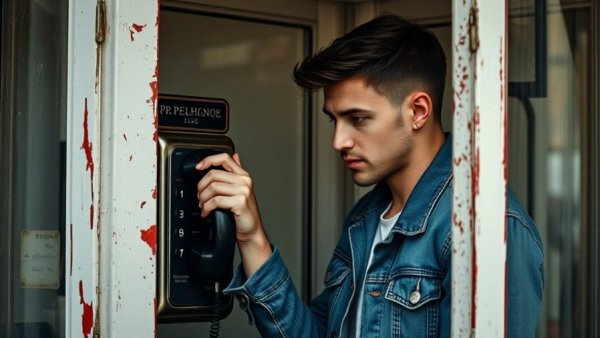 Young man using vintage payphone, fostering connection.