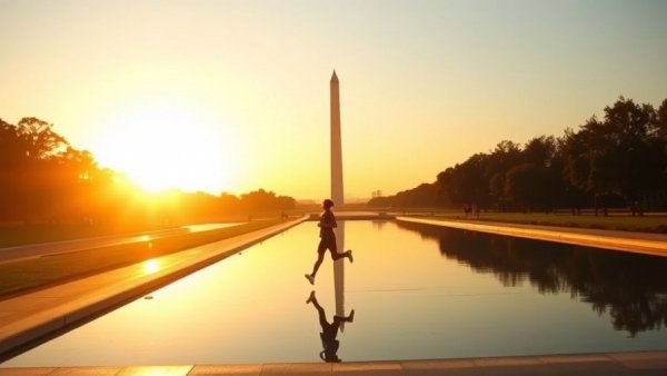 Serene sunrise with jogger near Washington Monument captured in warm light.