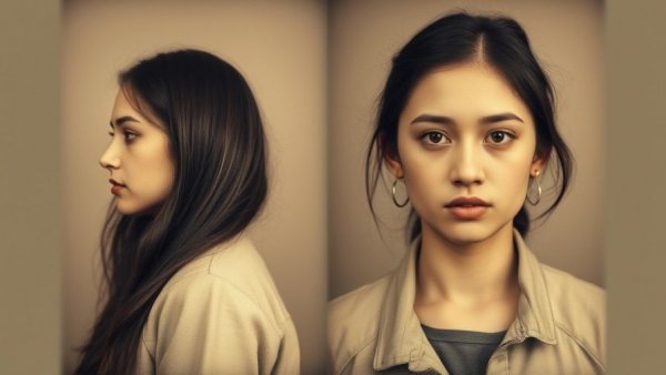 Historic mugshot of a young woman, calm expression, from 1961.