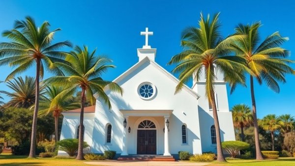Charming white church for Greenhouse Church merger, surrounded by palm trees and greenery, under bright blue sky.