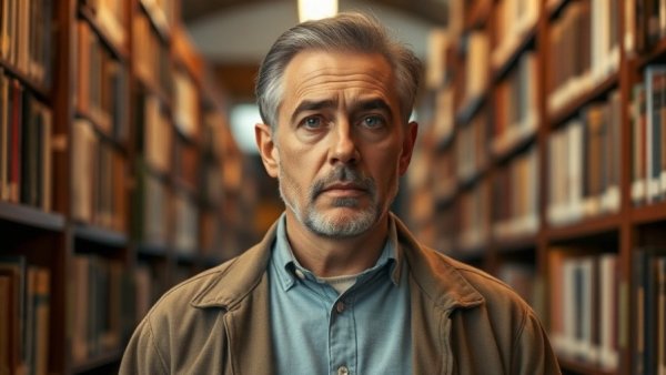 Thoughtful man in library, warm ambiance, discussing forced labor.