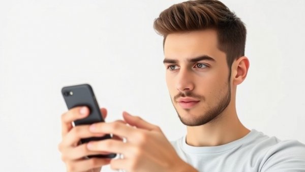 Young man focused on smartphone in casual attire.