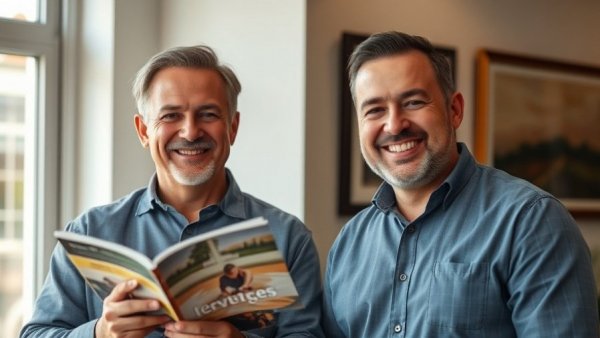 Two men smiling in an indoor setting, holding a magazine on community regeneration.