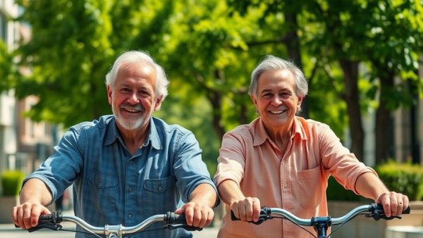 Elderly couple biking outdoors promoting preventable cancer cases.