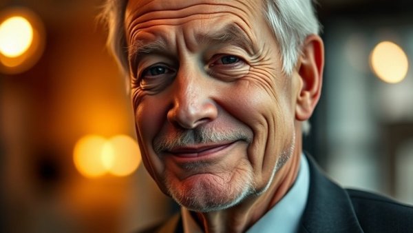 Smiling older man in a suit, warm lighting, Nelson Mandela memorabilia auction.