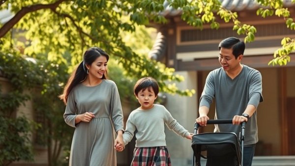 Family in traditional setting, South Korea fertility rates concept
