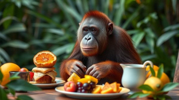 Orangutan enjoying vegan afternoon tea amid lush jungle.