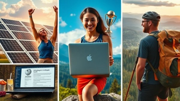 Collage of positive business news: solar panels, athlete, laptop, hiker, forest.