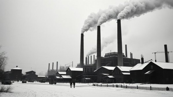 Early 20th-century industrial facility showcasing pollution.